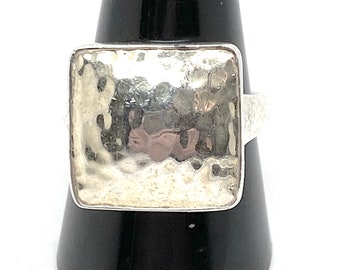 1950s Modernist Hammered Sterling Silver Square Ring Size S