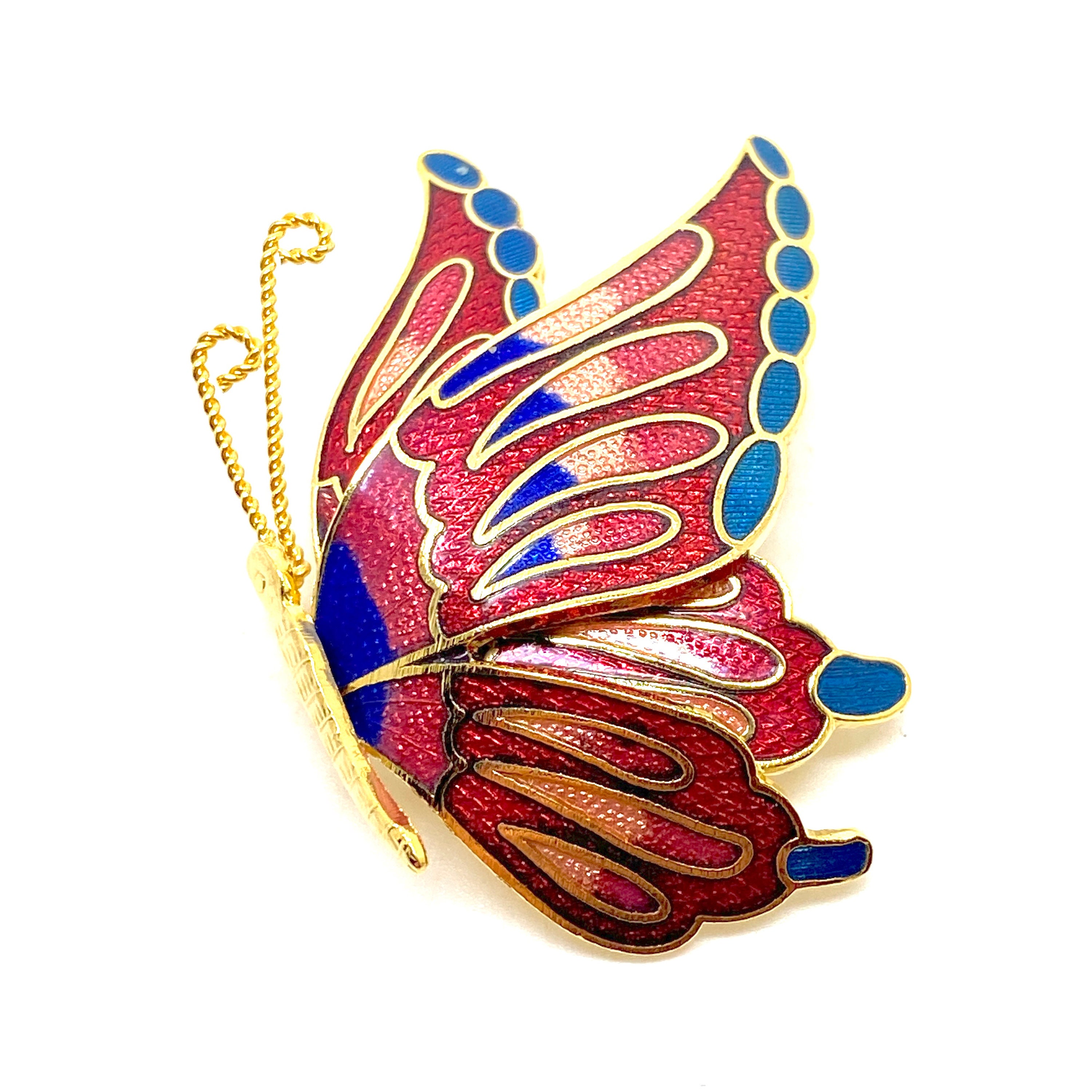 1990s Vintage Red and Blue Enamel Butterfly Brooch