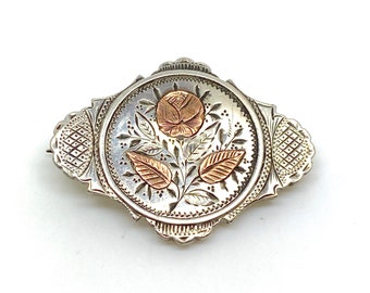 Ornate Antique Victorian 9ct gold on Sterling Silver Flower Brooch