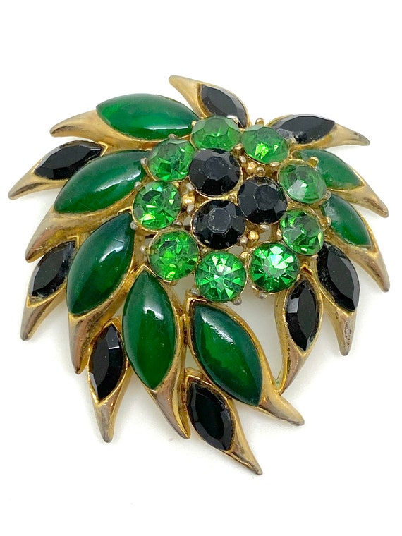 1980's SPHINX Large Green and Black Glass Brooch … - image 3
