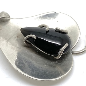 Lovely Modernist Designer Sterling Silver and Onyx Leaf Brooch