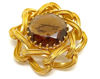 ヴィンテージ 1980 年代 ブラウンガラスと明るいゴールドのブローチ