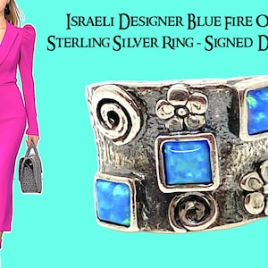 Blue Fire Opal Handcrafted Israeli Art 925 Sterling Silver Shabool Ring Modernist Israel Jewellery Handmade - Signed Didae