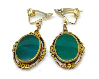Boucles d'oreilles pendantes clip pendantes de haute qualité en agate verte vintage et plaquée or