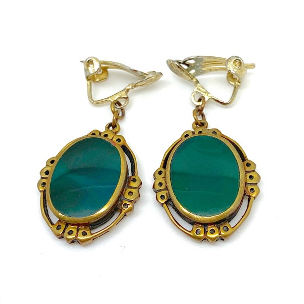 Ornate Vintage Green Agate and Gold Plated High Quality Drop Dangle Clip Earrings