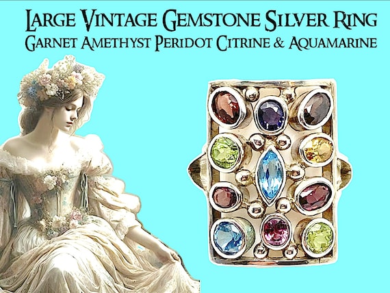 Large Multi Gemstone 925 Silver Rectangular Ring … - image 1