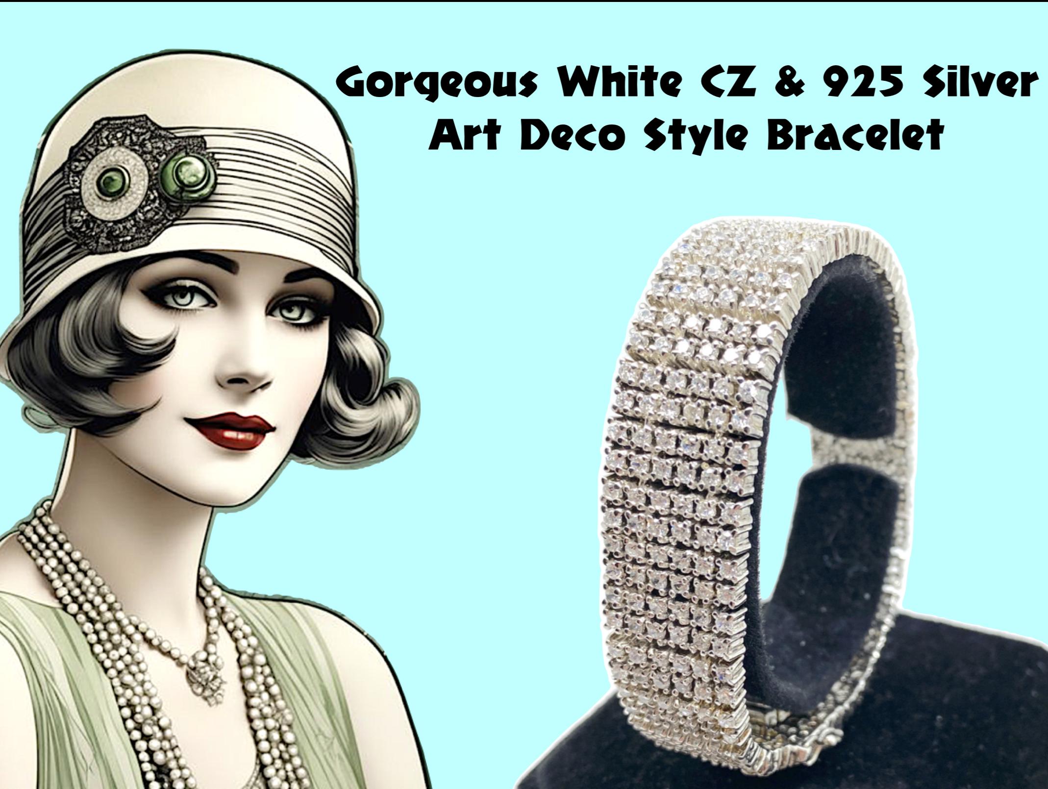Gorgeous White CZ Vintage Art Deco Style Bracelet set in 925 Silver