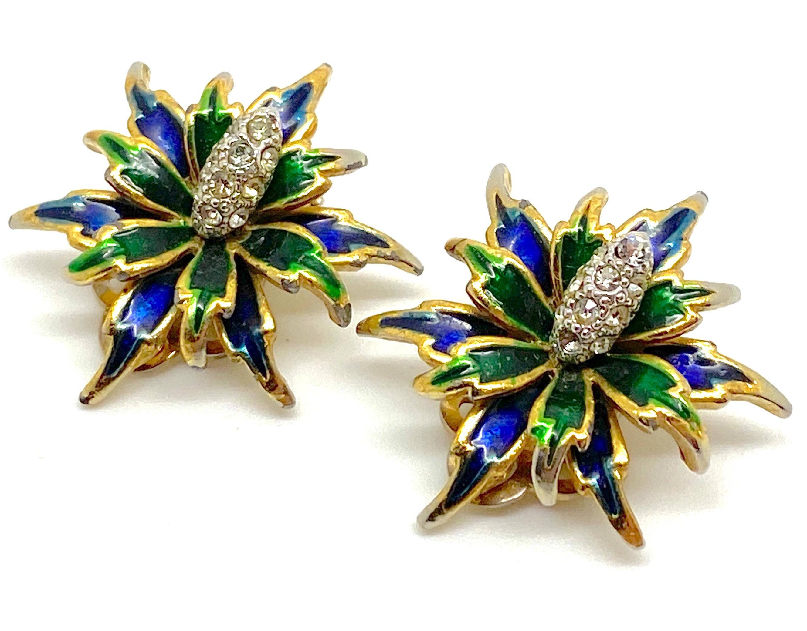 Boucles D’oreilles Clip Marcel Boucher - Émaillé Bleu Et Vert, Pendantes, Vintage, Numérotées