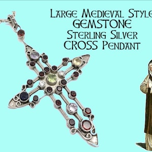 Großer mittelalterlicher Stil EDELSTEIN Sterling Silber KREUZ Anhänger