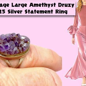 Vintage Large Amethyst Druzy 925 Silver Statement Ring