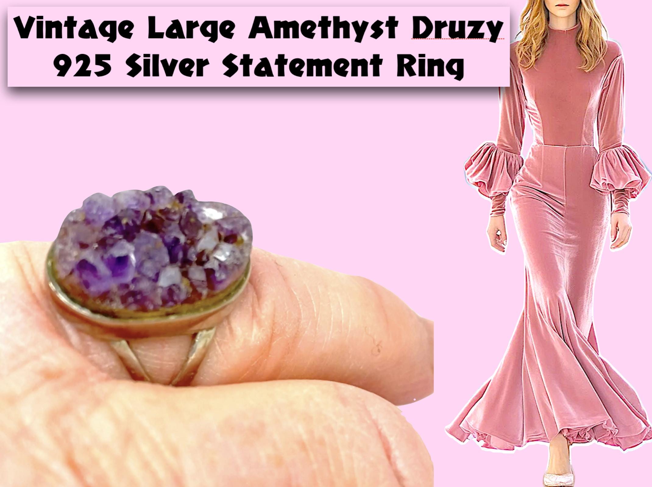 Bague Argent 925 Avec Cristal Druzy Et Améthyste - Magnifique Et Imposante