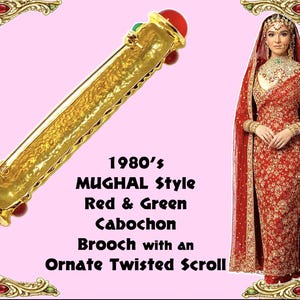 1980s Mughal Style Cabochon Brooch: Ornate Twisted Scroll