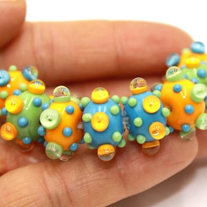 Rondelle Beads 12mm with Raised Dots, Blue Turquoise Green Yellow, Handmade Lampwork Glass Set, Mix Artisan donut beads Moretti214 228 418