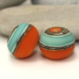 Etched Pair Beads 14mm 2pcs, Orange Copper-Green Artisan Rondelle for Earrings, Lampwork Glass Beads