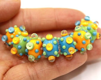 Rondelle Beads 12mm with Raised Dots, Blue Turquoise Green Yellow, Handmade Lampwork Glass Set, Mix Artisan donut beads Moretti214 228 418