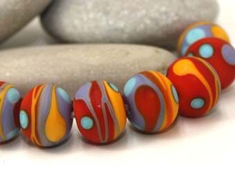 Etched Beads 14mm, Red Lavender Yellow Blue, Matte handmade lampwork glass set, Artisan beads, Moretti 247 418 424