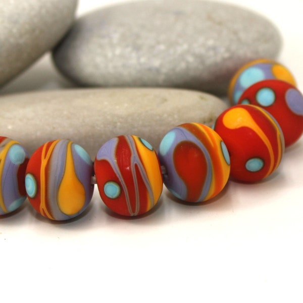 Etched Beads 14mm, Red Lavender Yellow Blue, Matte handmade lampwork glass set, Artisan beads, Moretti 247 418 424
