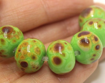 Rondelle glass beads 12mm, Nile Green Raku Frit, 6/8/10pcs, Artisan donut beads, Handmade lampwork bead set, Moretti214 R6208