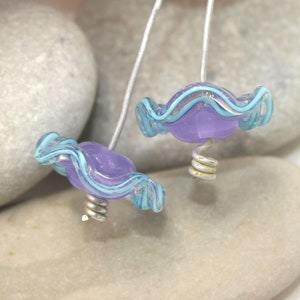 Glass bead pair 9x18mm with Ruffle, 2pcs, Wisteria Blue Turquoise, Artisan beads, Handmade lampwork beads set, for earrings, CiM 628 M2232