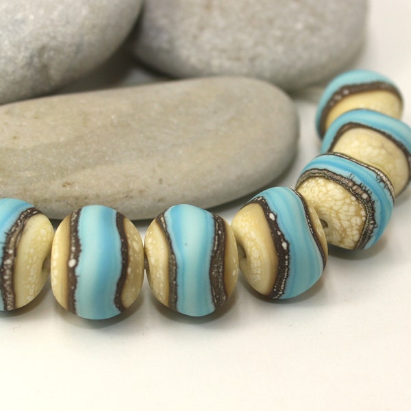 Etched Free Form Bead 14mm, Ivory Blue Turquoise, Nuggets Beads, Matte handmade lampwork glass set, Artisan beads, Moretti 276 232