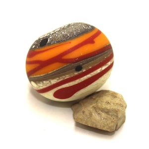 Lampwork Etched Bead 20mm, Orange Red Ivory, 1pc, Donut glass bead, Matte handmade beads, Artisan bead for jewelry
