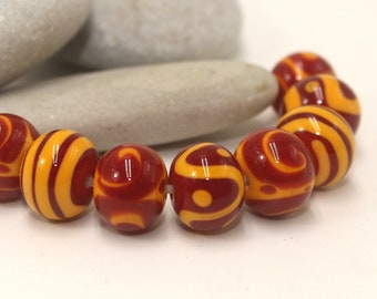 Glass Bead 14mm, Yellow Red, Artisan beads, Handmade lampwork glass set, Mix rondelle beads, Donut beads,  Moretti 418 428