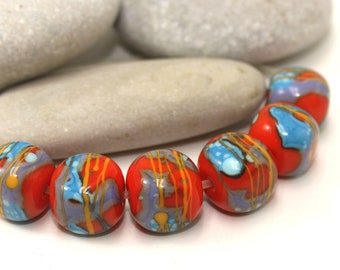 Cube Beads 13(14)mm, Red Lavender Blue Turquoise Yellow, Artisan beads, Handmade lampwork glass set, Moretti 424 228 247 418