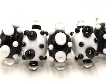 Glass Beads 12mm with Dots, Black White Artisan Rondelle, Lampwork Donut Beads