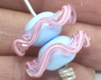 Set 2 Beads 9x18mm with Ruffle Pale Blue Pink Pair Glass Beads Handmade Lampwork Glass Beads 2pcs Moretti 224 2212