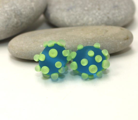 Etched Glass Bead Pair 14mm, Blue-Turquoise Green Artisan Rondelle for Earrings, Handmade Lampwork Beads
