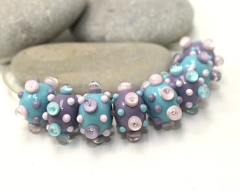 Glass Beads 12mm Dots, Pink Purple Turquoise Artisan Rondelle, Lampwork Donut Beads