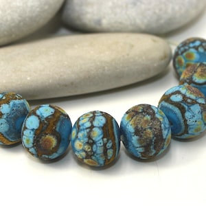 Contas de vidro artesanais de 14 mm com textura de lava, azul turquesa amarelo mostarda Raku Frit, 2 peças, contas de lampwork feitas à mão, Moretti 228 460