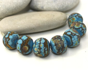 Glass Beads 14mm Lava Texture, Blue-Turquoise Mustard Raku Artisan Rondelle, Lampwork Beads