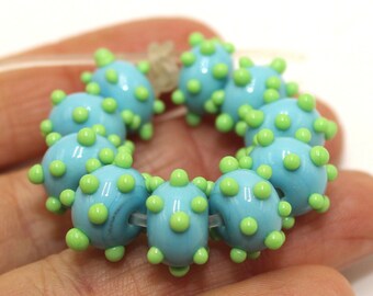 Spacer Beads 10mm with Dots, Blue-Turquoise Green Artisan Rondelle, Lampwork Donut Glass Beads