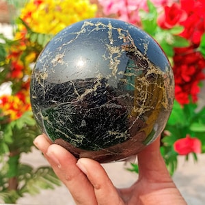 Natual 95MM Natural Black Biotite Crystal Stone Sphere  Healing Charged Meditation Sphere