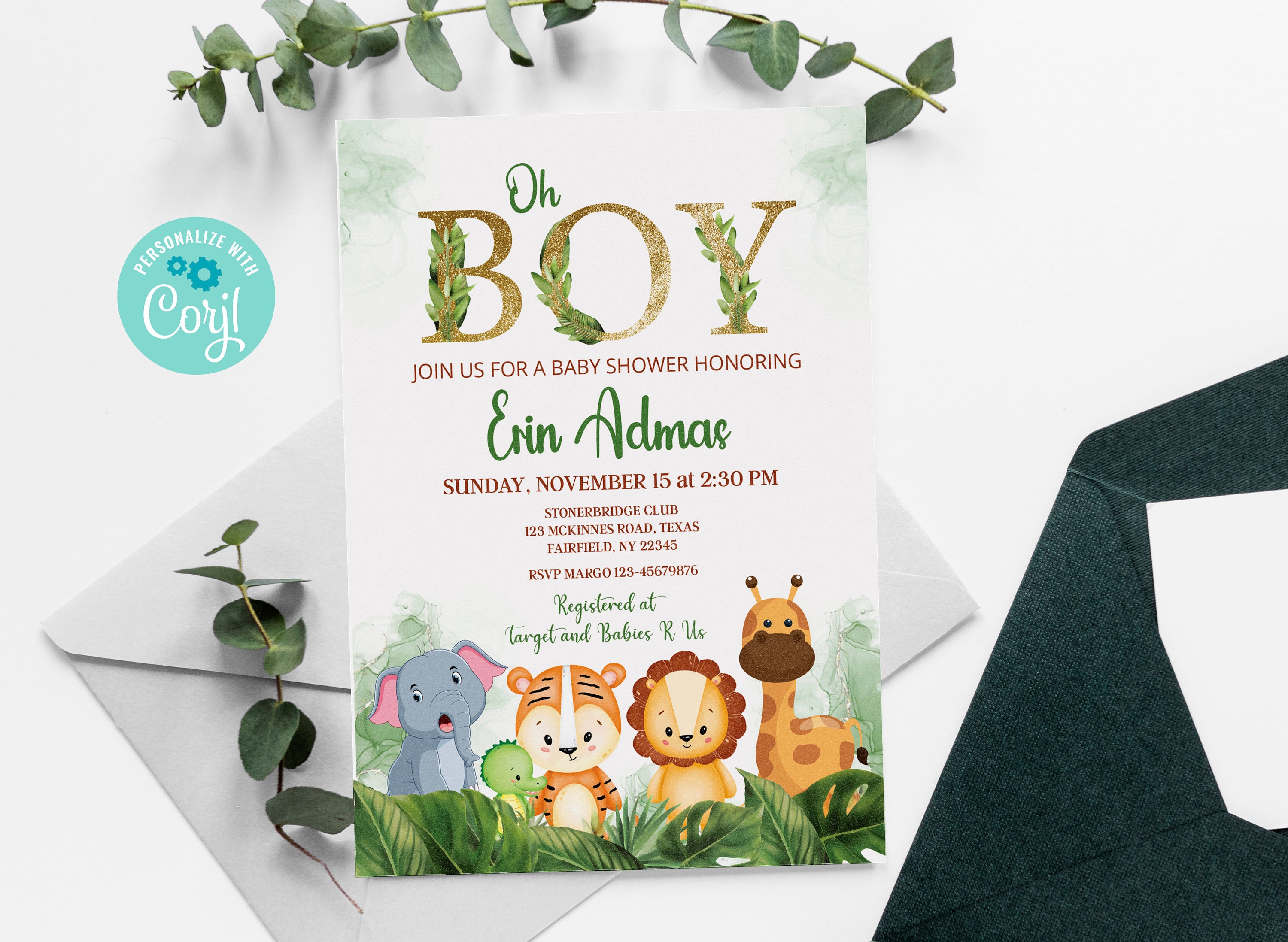 Editable Safari Baby Shower Invitation, Oh Boy Jungle Baby Shower