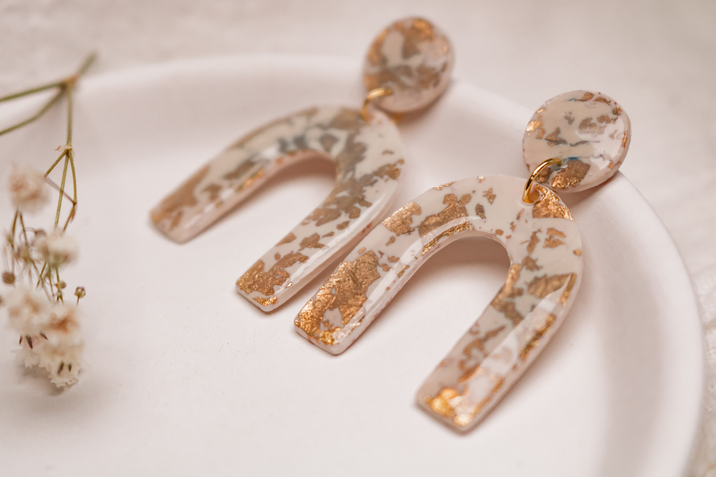 Arched Polymer Clay Gold Leaf Earrings Beige and Gold Etsy