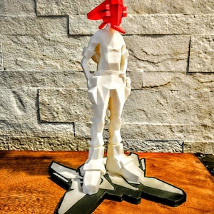 May include: A white 3D printed figurine of a person standing on a white 3D printed base shaped like a jet. The person has a red 3D printed helmet on their head.