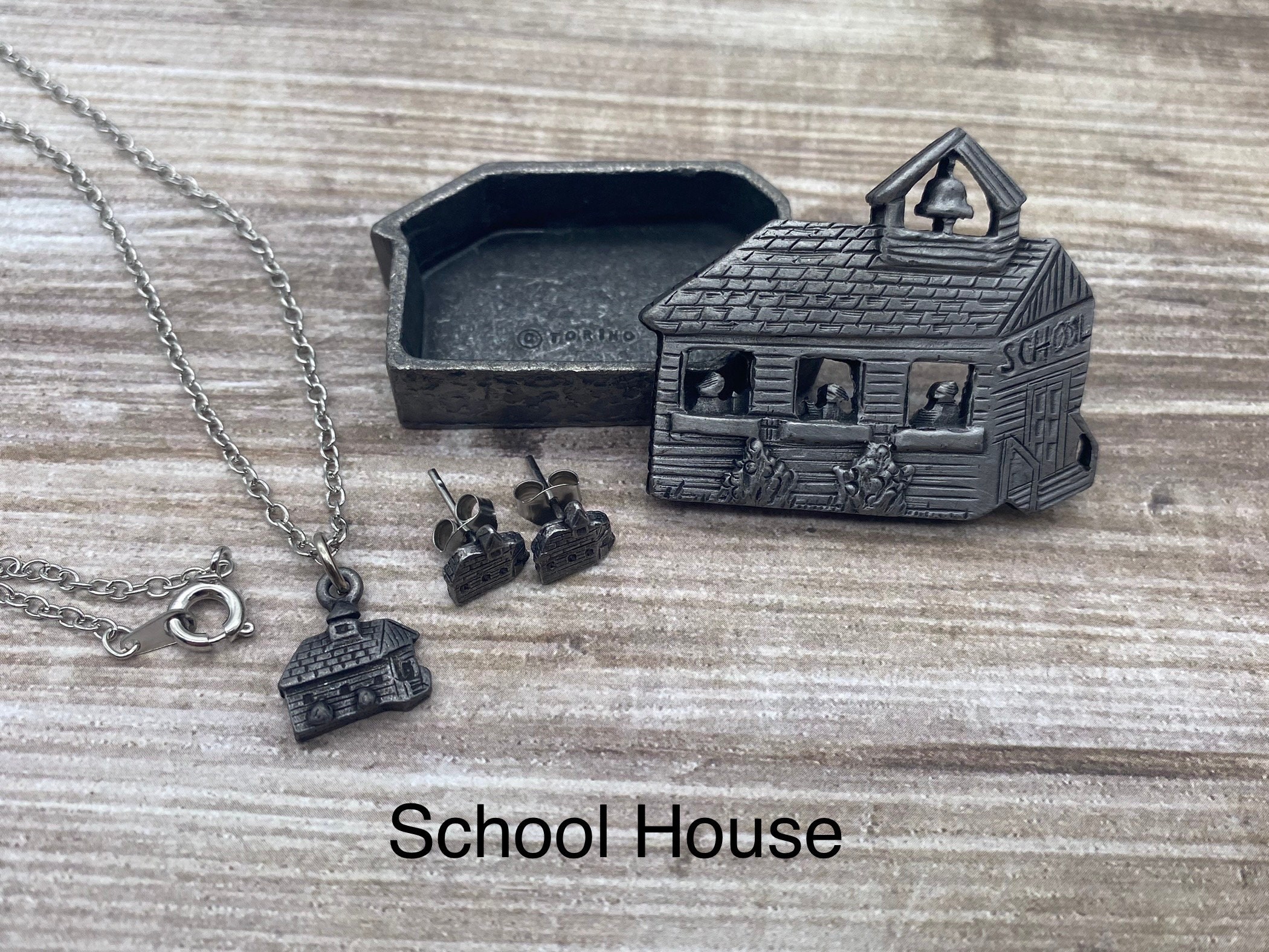 Torino Pewter Trinket Box Jewelry Set Necklace Earrings and