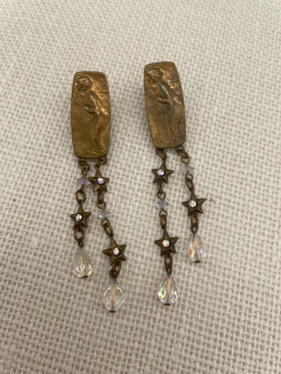 Vintage Drop Dangle Statement Earrings Brass Tone… - image 2