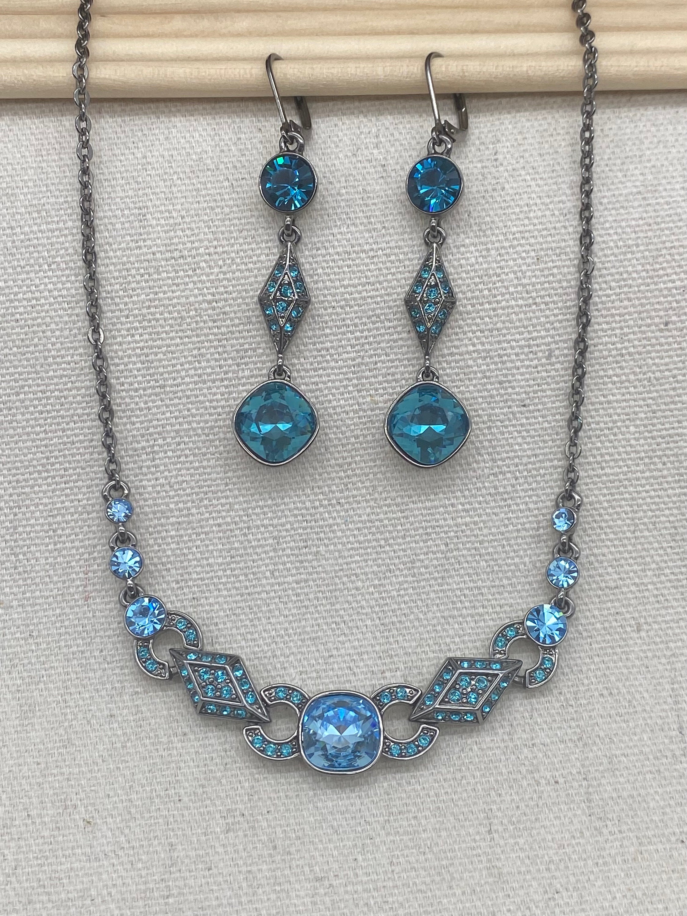 Givenchy Necklace and Earrings Set Blue Rhinestone and Gunmetal