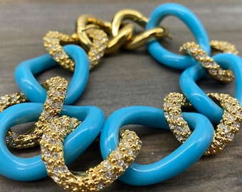 Bracciale Joan Boyce a maglie grandi color verde acqua e oro con strass