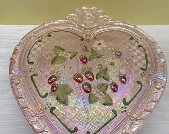 Fenton Iridescent Heart Shaped Lidded Dish Hand Painted Strawberries 2003 Museum Collection Sunset Iridized Glass