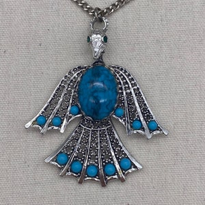 Large Statement Thunderbird Pendant Necklace Southwestern Faux Turquoise Cabochon Silver Tone Chain Necklace