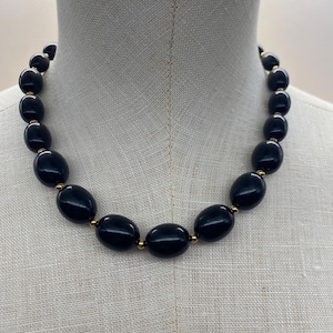 Monet Black And Gold Tone Beaded Necklace Mid Century Jewelry