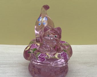 Fenton Pink Iridescent Cat Lidded Trinket Dish Hand Painted Glass