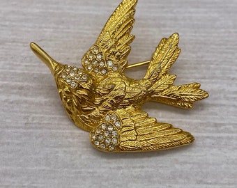 Anne Klein Bird Gold Tone And Rhinestone Brooch Pin