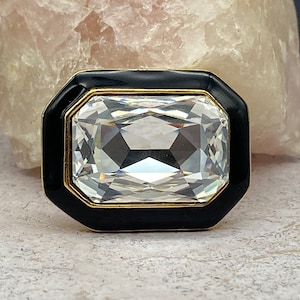 Trifari Black Enamel And Gold Tone Rhinestone Brooch Pin