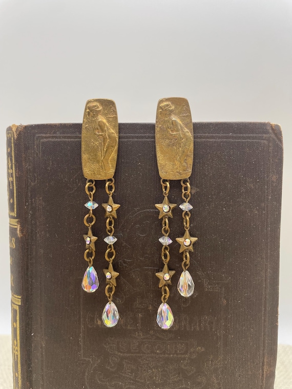 Vintage Drop Dangle Statement Earrings Brass Tone… - image 1