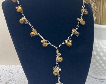Sterling Silver 925 Tigers Eye Beaded Lariat Necklace